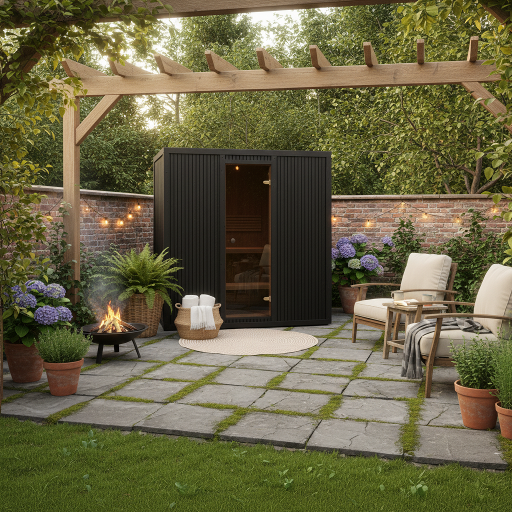 Moderni musta pihasauna puutarhassa – kompakti ulkosauna terassilla tulisijan ja istuinalueen vieressä