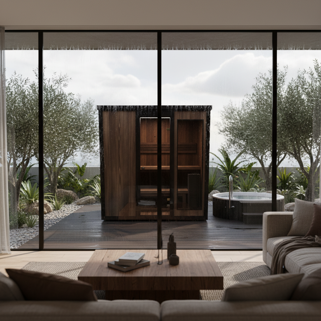 CLT-rakenteinen lasiseinäinen pihasauna modernilla terassilla - designsauna luonnonläheisessä pihapiirissä