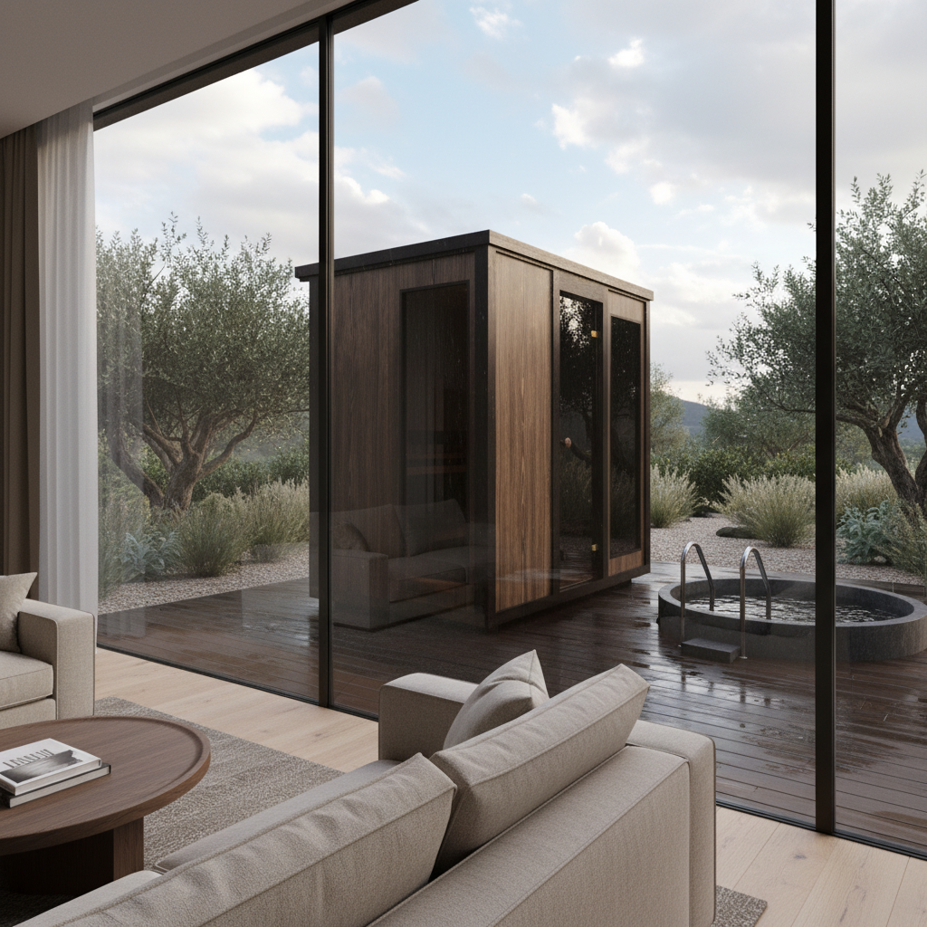 CLT-rakenteinen moderni pihasauna terassilla - lasiseinäinen designsauna rentoutumiseen luonnon keskellä