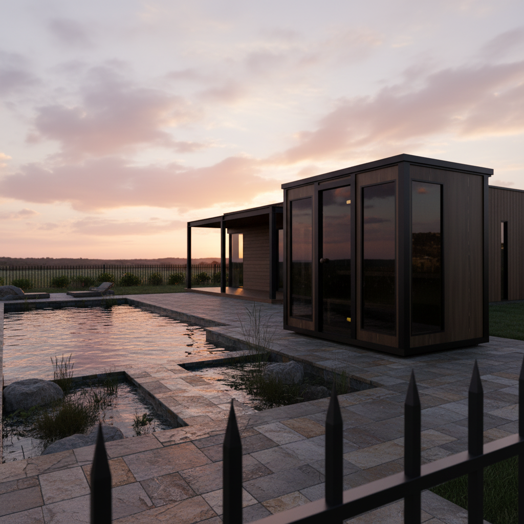 CLT-rakenteinen moderni pihasauna veden äärellä auringonlaskussa - tyylikäs ja lasiseinäinen ulkosauna terassilla