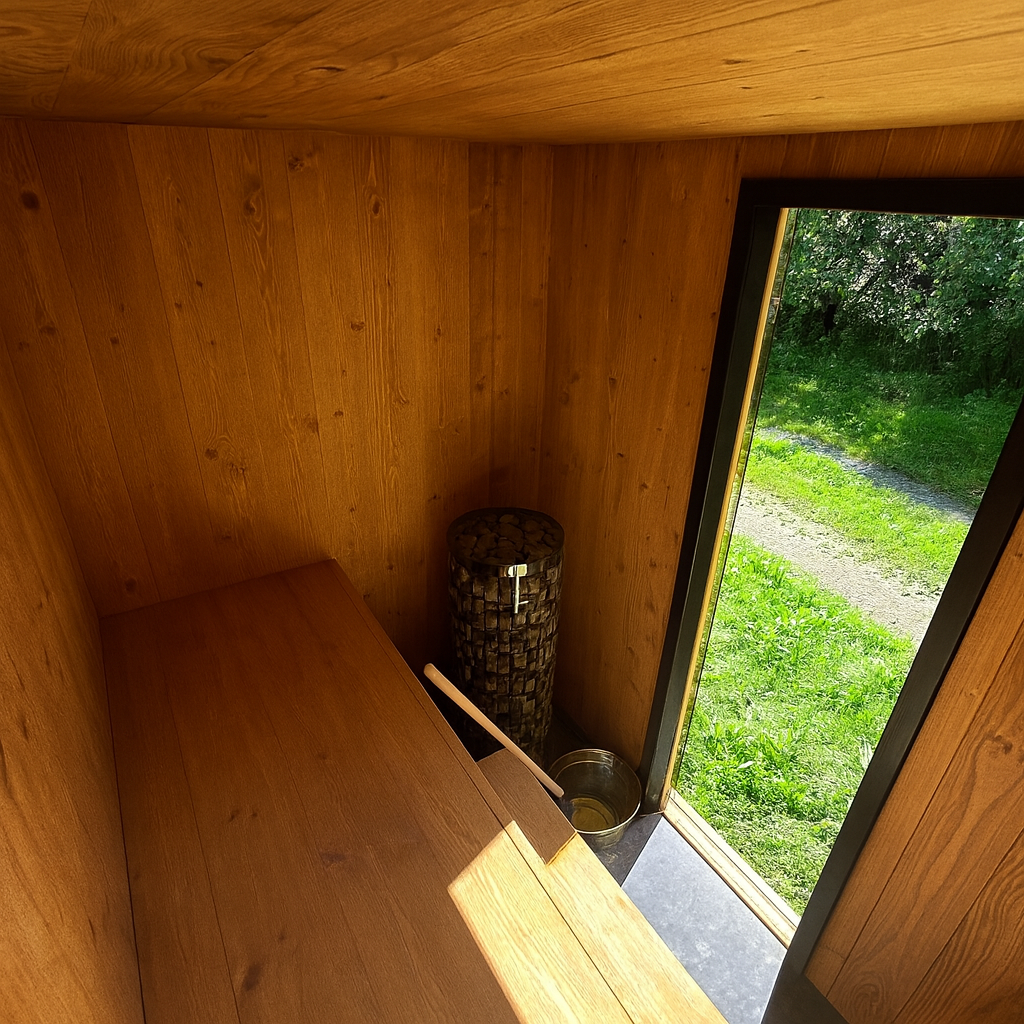Tumma CLT-pihasaunan sisätila – lämminsävyinen puupinta, kiuas ja näkymä ulos luontoon