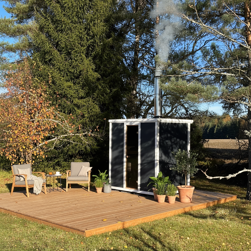 Pihasauna terassilla – puulämmitteinen ulkosauna syksyisessä pihapiirissä kauniissa maisemissa