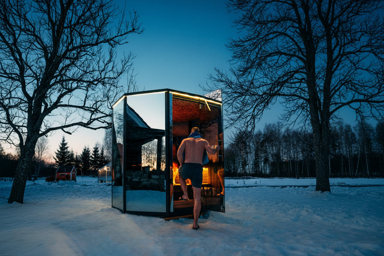 Sauna talvisessa ympärsitössä, luksussauna jonka ympärillä on lunta