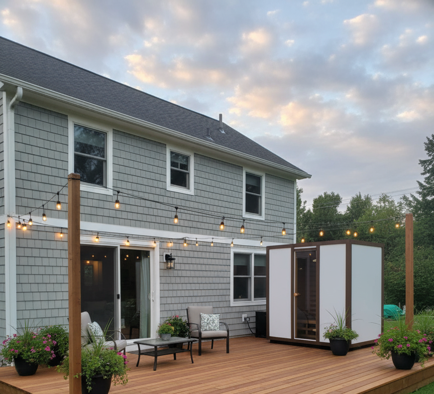 Vaalea ulkosauna terassilla kodin takapihalla - kaunis taivas ja hieno tunnelma