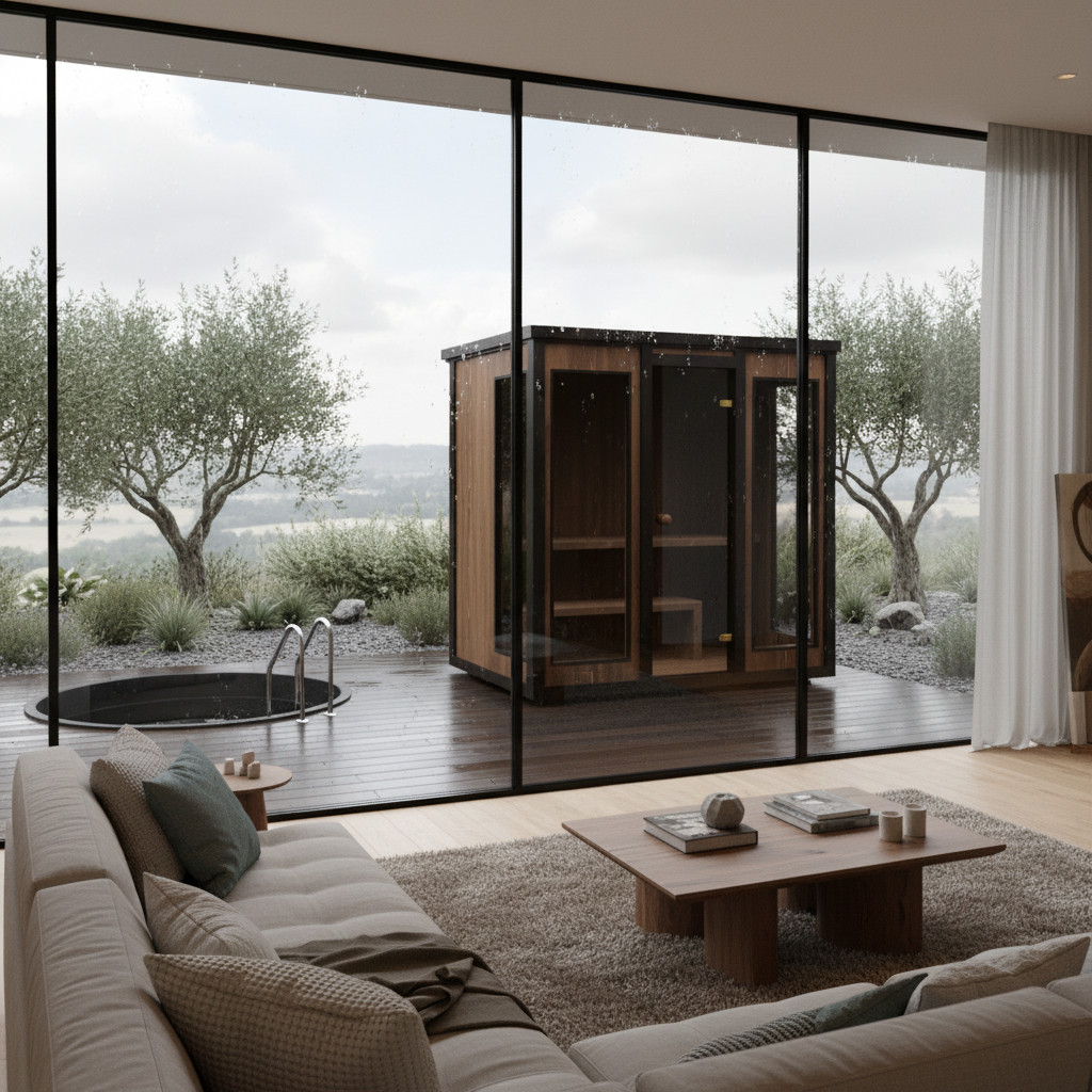 CLT-rakenteinen lasiseinäinen designsauna terassilla sateen jälkeen - moderni ja harmoninen pihasauna luonnon keskellä