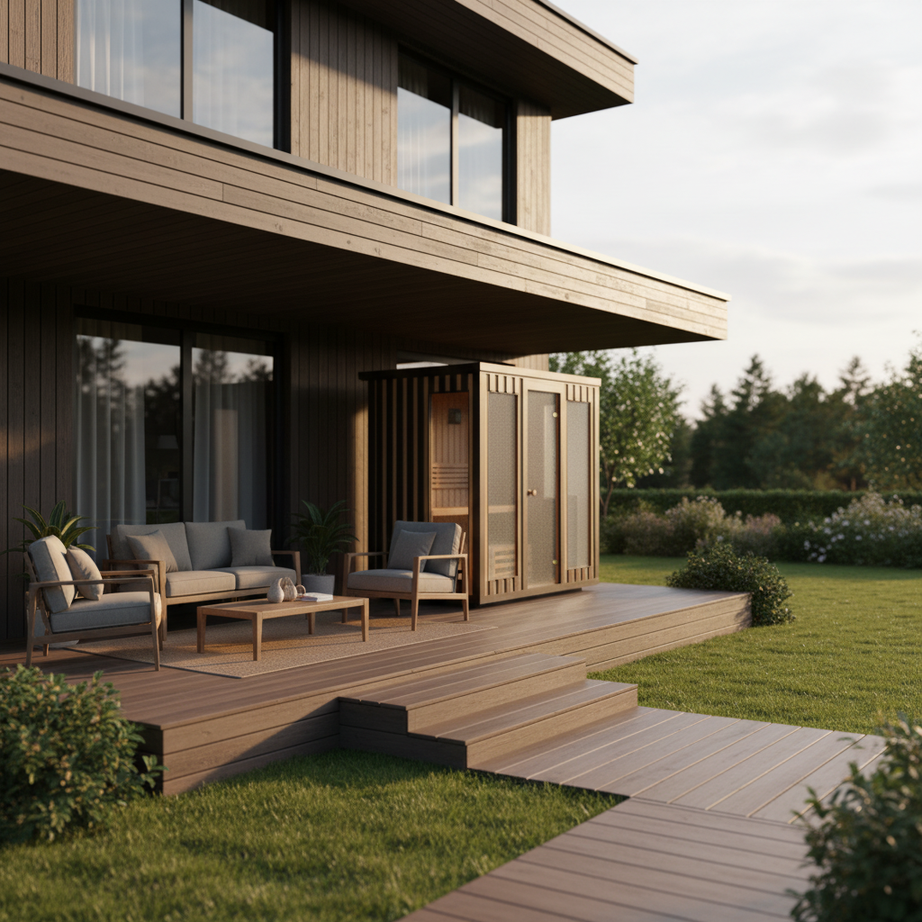 Vaalea CLT-rakenteinen pihasauna modernin talon terassilla - tyylikäs ja kompakti designsauna piha-alueella