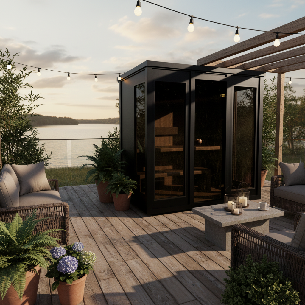 Musta CLT-rakenteinen pihasauna terassilla järvimaisemassa - lasiseinäinen designsauna ilta-auringossa