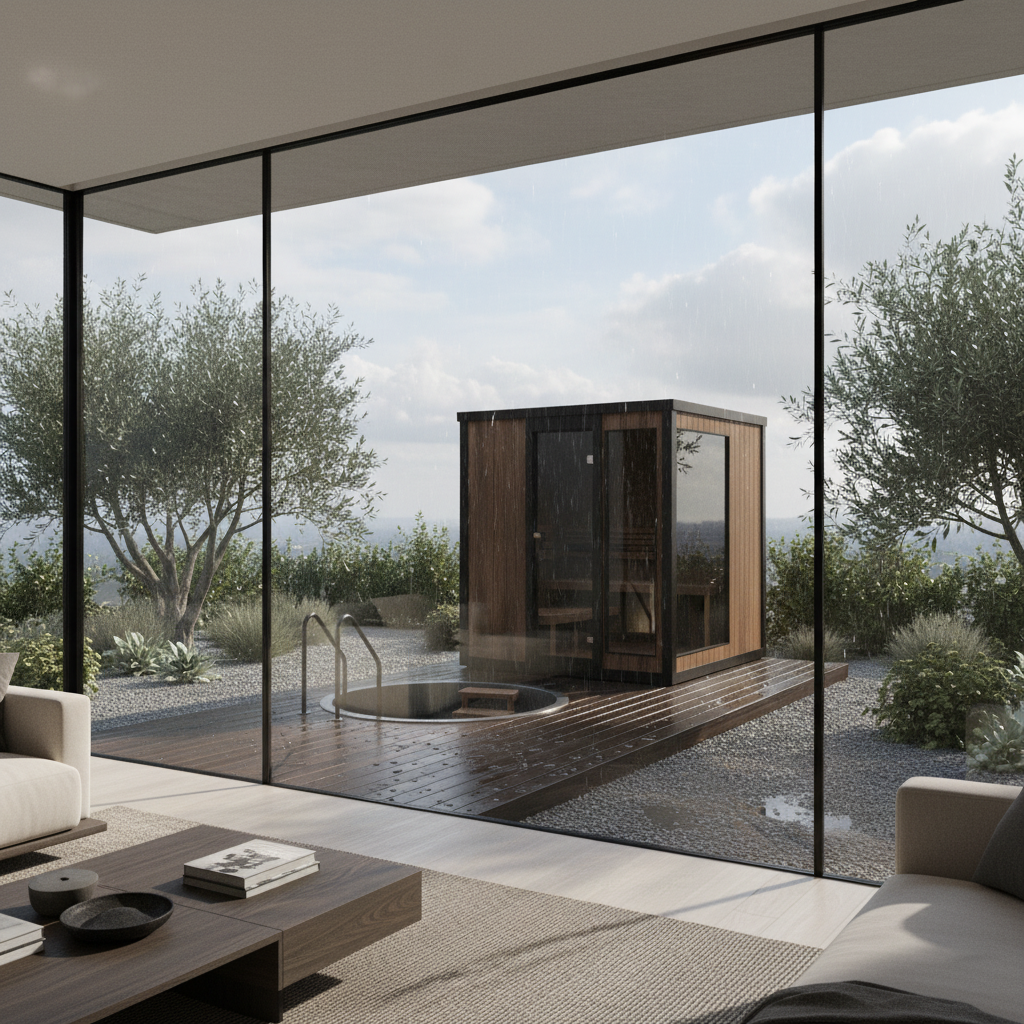 “CLT-rakenteinen moderni pihasauna terassilla sadepäivänä - lasiseinäinen designsauna rauhallisessa pihapiirissä