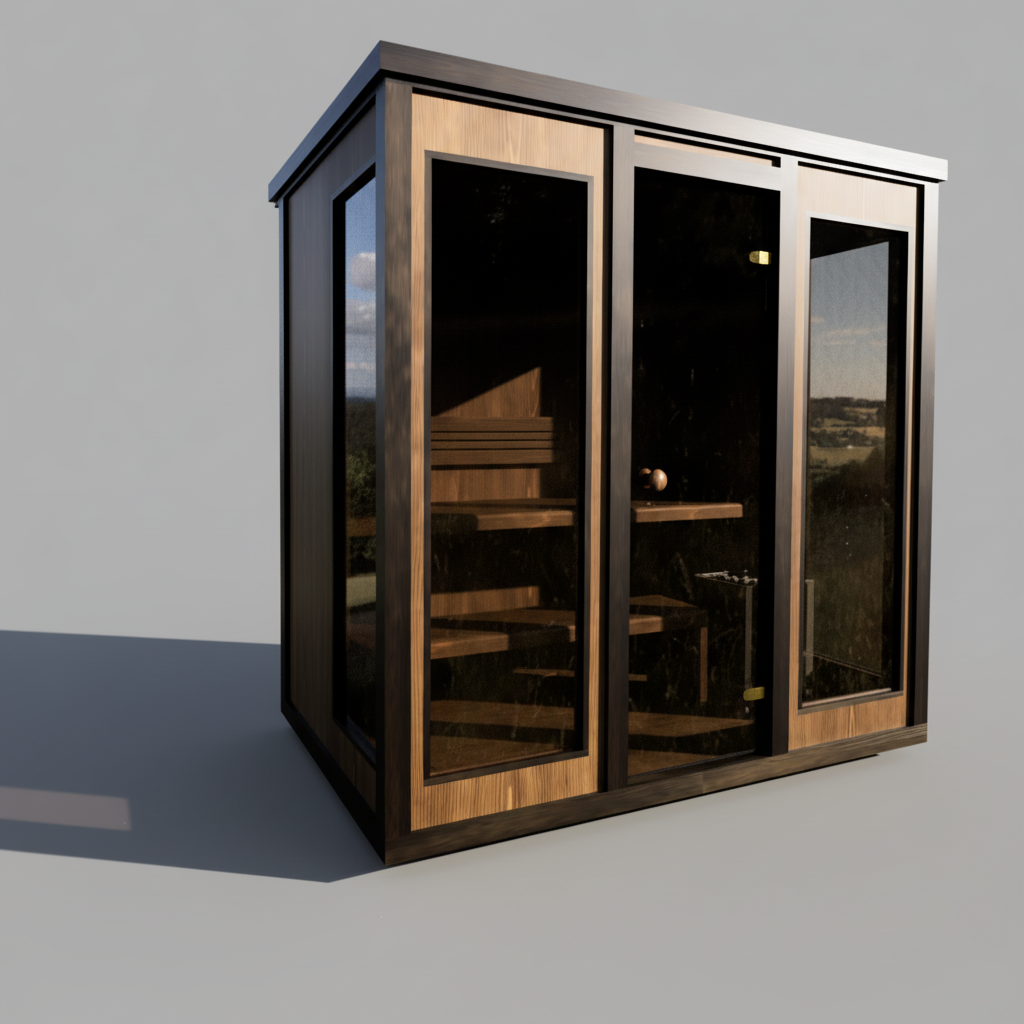 Moderni CLT-rakenteinen lasiseinäinen designsauna neutraalilla taustalla - tyylikäs ja kompakti pihasauna minimalistisella ilmeellä