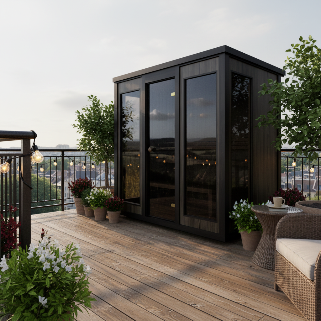 Hieno musta sauna terassilla lasiseinillä - kompakti pihasauna rentouttavassa maisemassa