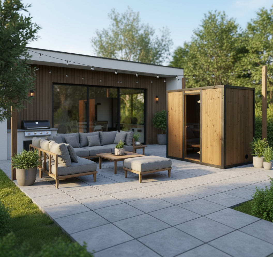Puuvalmisteinen pihasauna modernilla terassilla - kompakti pihasauna rentoutumiseen